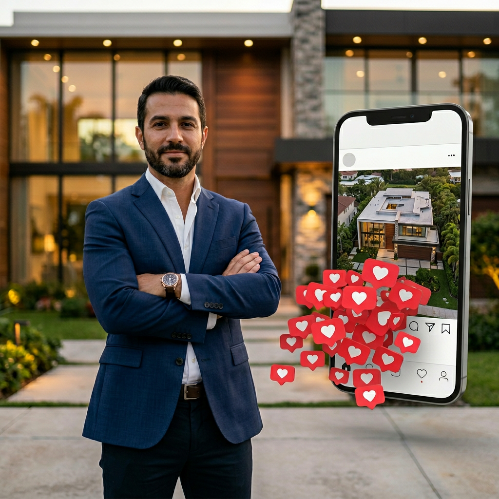 Corretor em frente a imóvel de luxo e um celular com post com várias curtidas